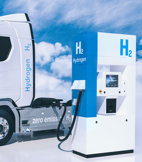hydrogen logo on gas stations fuel dispenser. h2 combustion Truck engine for emission free ecofriendly transport. 3d rendering